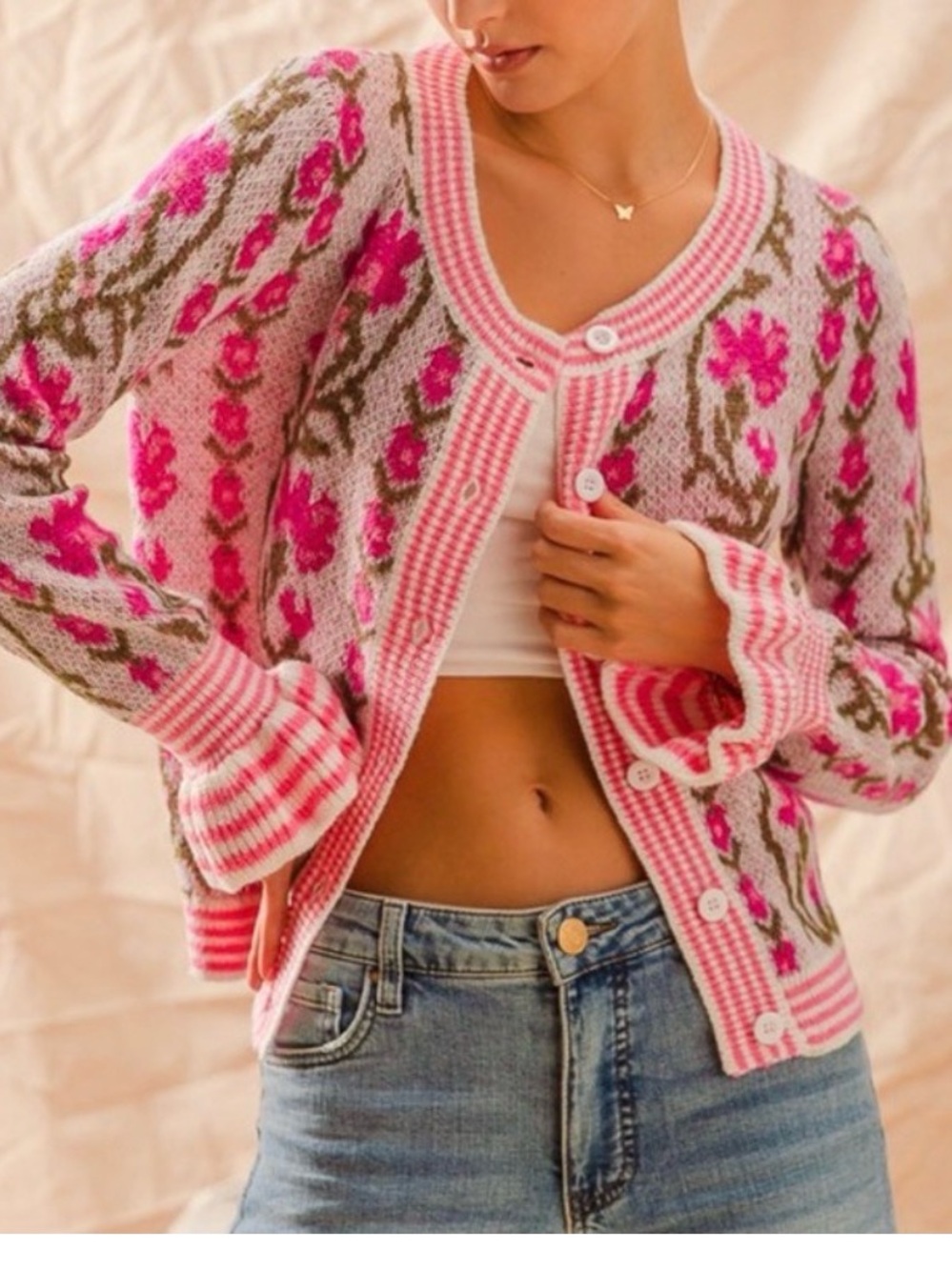 So Me Pink Floral Intarsia Button Up Sweater Cardigan Women Size Large Bohemian